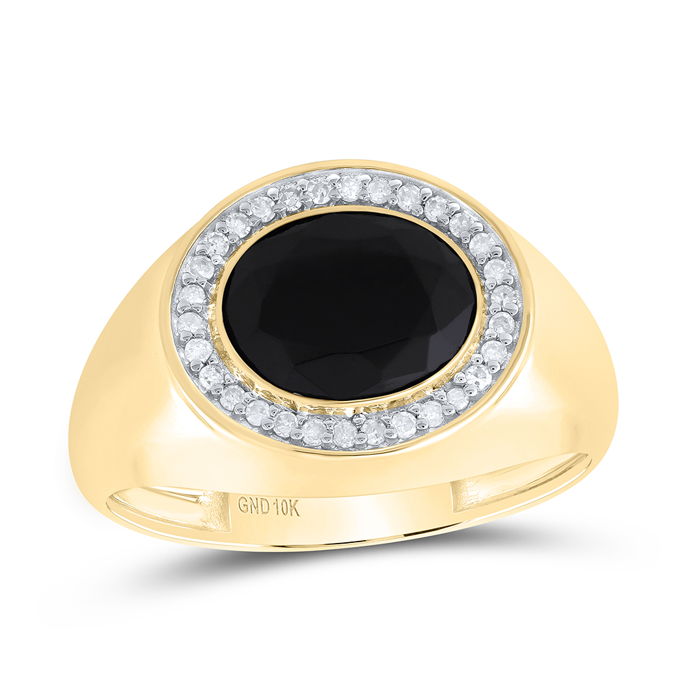 10K Yellow Gold Onyx Ring Mens 10x8mm Oval Onyx 1/6ct Diamond Halo Accent 