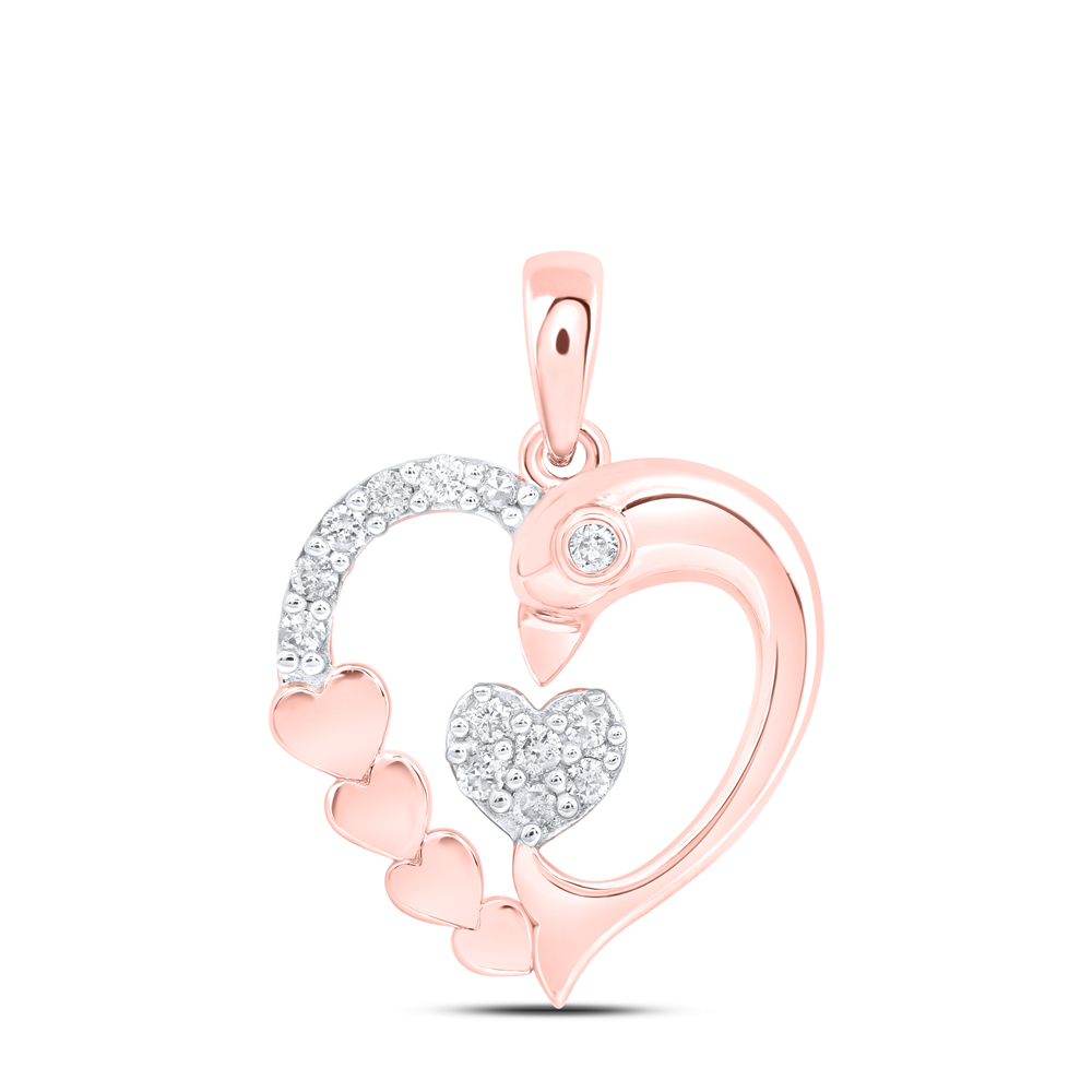 10K Rose Gold Dolphin Heart Pendant 1/8 Cttw Diamonds Heart Cluster